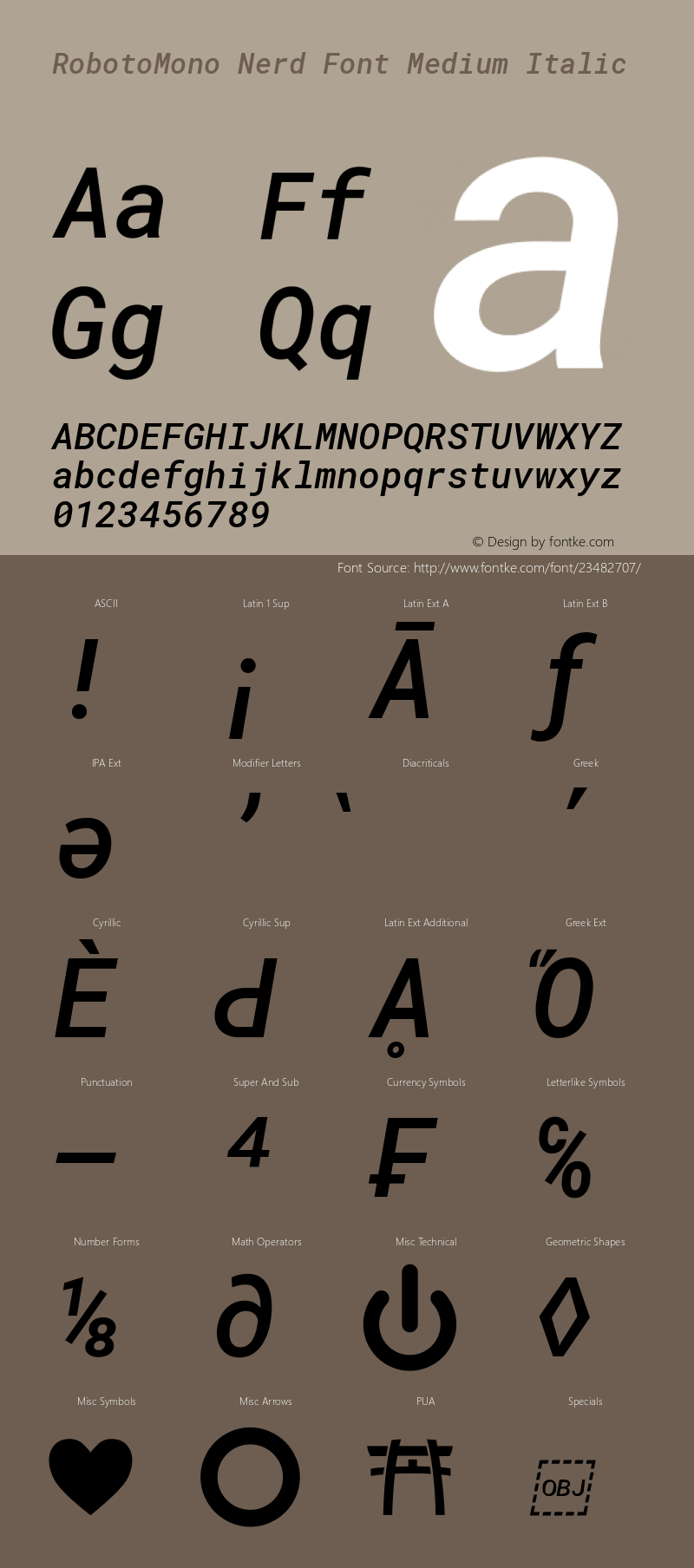 Roboto Mono Medium Italic Nerd Font Complete Version 2.000986; 2015; ttfautohint (v1.3)图片样张