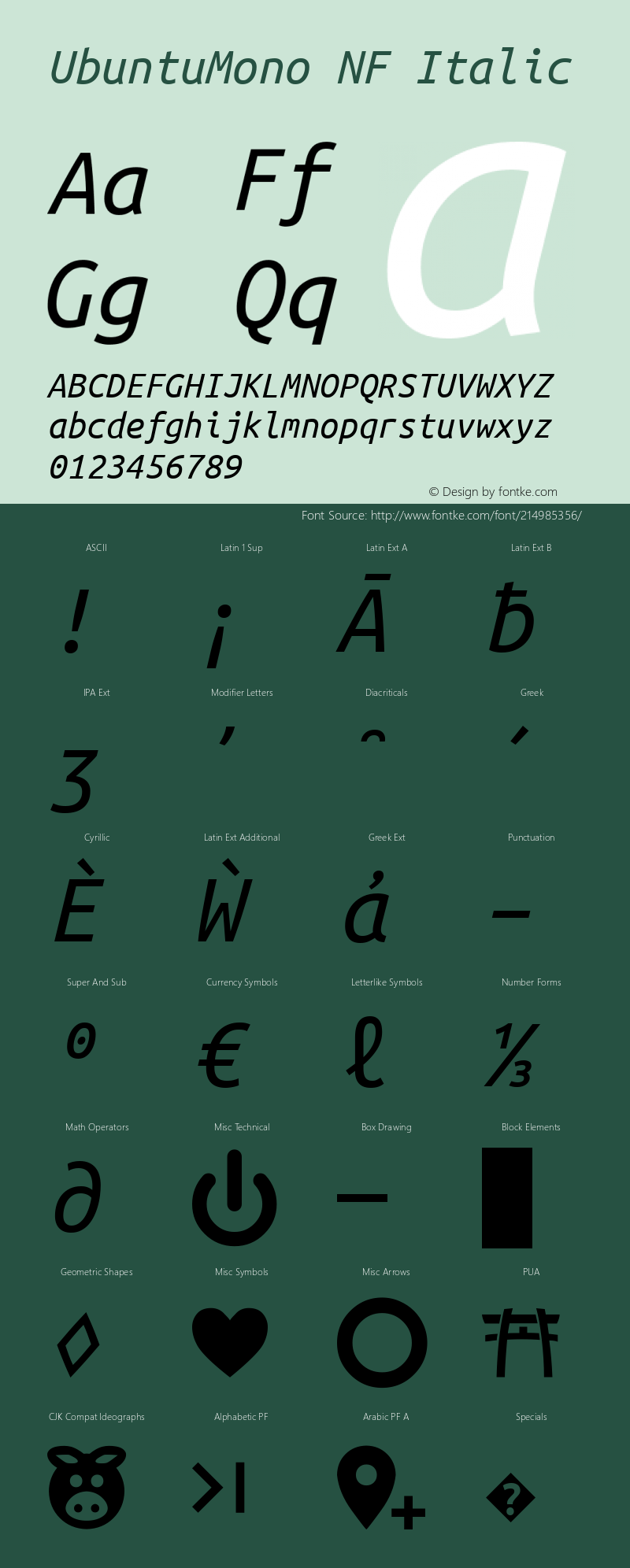 Ubuntu Mono Italic Nerd Font Complete Windows Compatible Version 0.80;Nerd Fonts 2.1.0图片样张