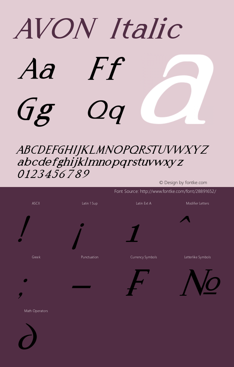 AVON Italic Version 1.00;March 20, 2019;FontCreator 11.5.0.2422 32-bit图片样张