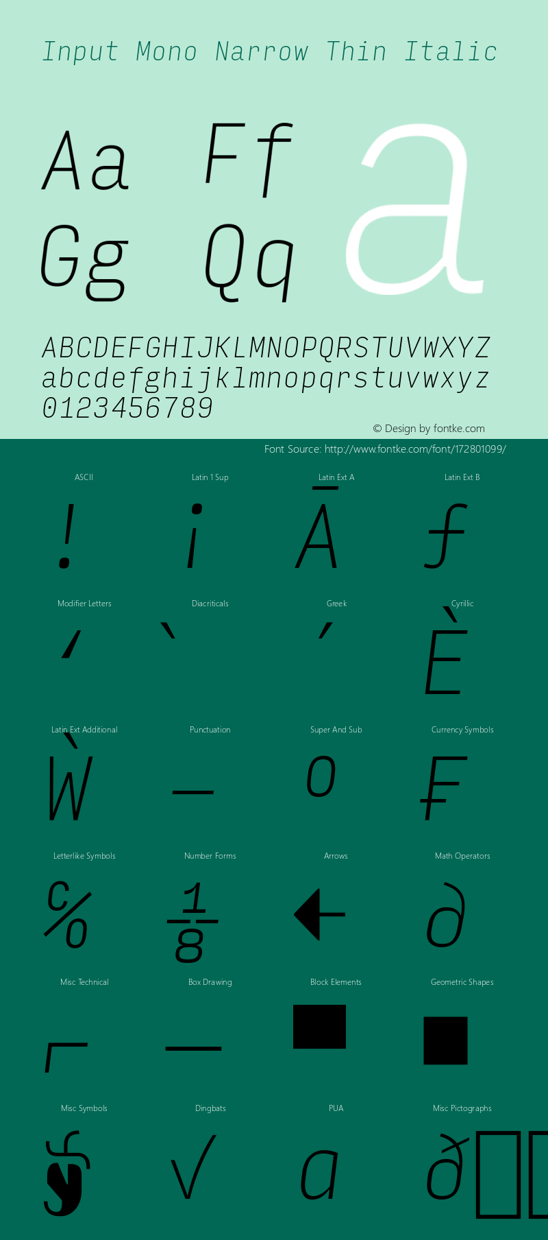 InputMonoNarrow ThinIta Version 0.000;PS 0.0;hotconv 1.0.72;makeotf.lib2.5.5900; ttfautohint (v0.9)图片样张