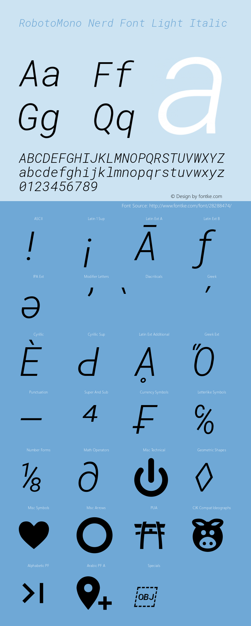 Roboto Mono Light Italic Nerd Font Complete Version 2.000986; 2015; ttfautohint (v1.3)图片样张