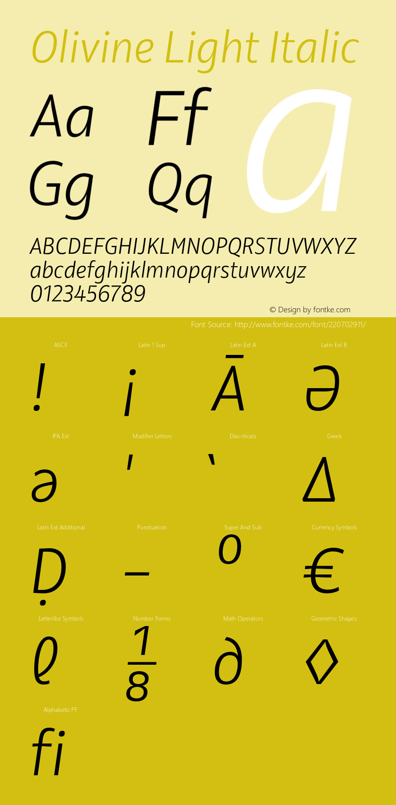 Olivine Light Italic Version 1.000;PS 001.000;hotconv 1.0.88;makeotf.lib2.5.64775图片样张