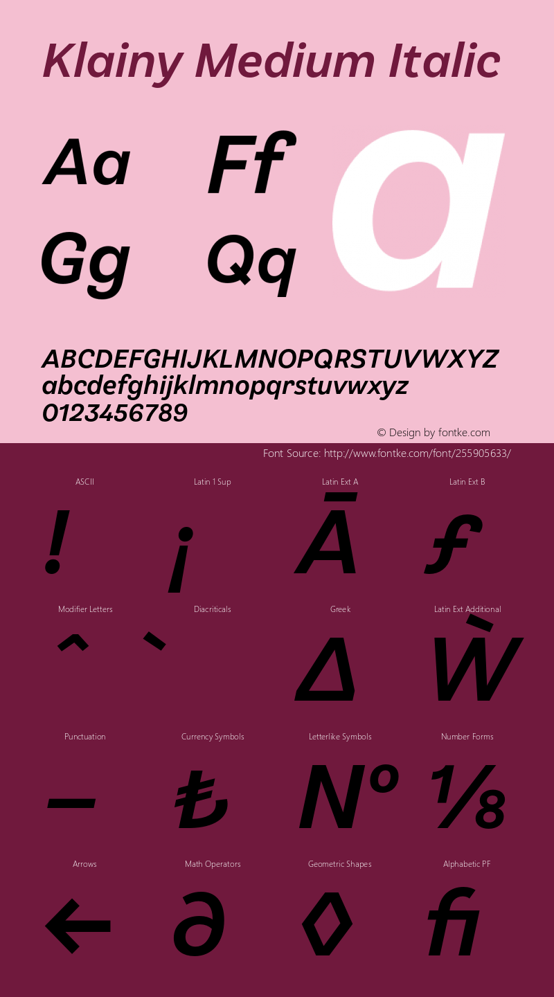 Klainy Medium Italic Version 1.000;PS 001.000;hotconv 1.0.88;makeotf.lib2.5.64775图片样张