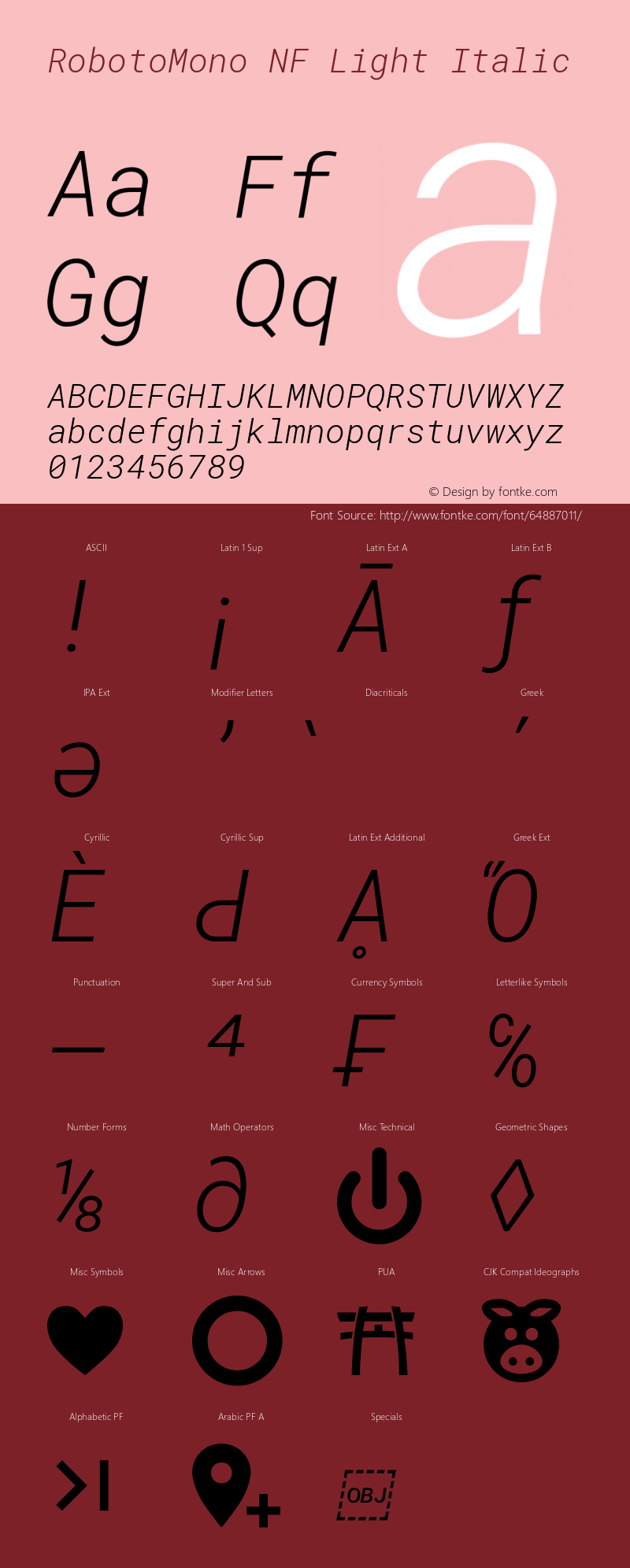 Roboto Mono Light Italic Nerd Font Complete Windows Compatible Version 2.000986; 2015; ttfautohint (v1.3)图片样张