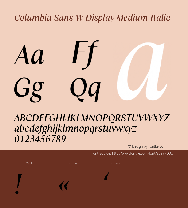Columbia Sans W Disp Medium Italic Version 1.001;PS 1.1;hotconv 1.0.88;makeotf.lib2.5.647800; ttfautohint (v1.3.34-f4db)图片样张