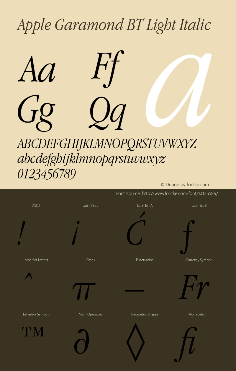 Apple Garamond BT Light Italic 3.7d1图片样张