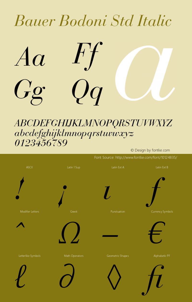 Bauer Bodoni Std Italic Version 1.040;PS 001.003;Core 1.0.35;makeotf.lib1.5.4492图片样张