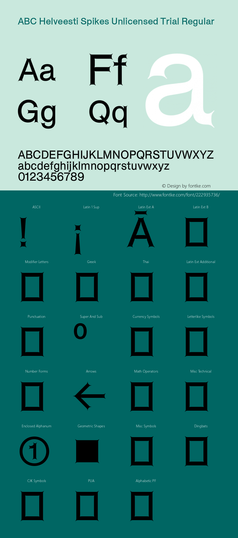 ABC Helveesti Spikes Unlicensed Trial Regular Version 2.000;hotconv 1.0.109;makeotfexe 2.5.65596;Unlicensed Trial图片样张