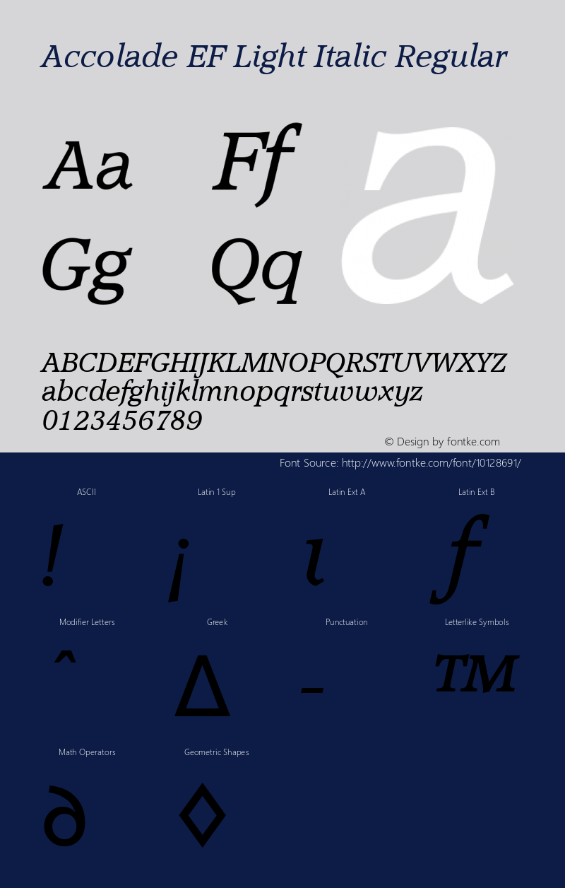 Accolade EF Light Italic Regular Macromedia Fontographer 4.1 08.06.2001图片样张