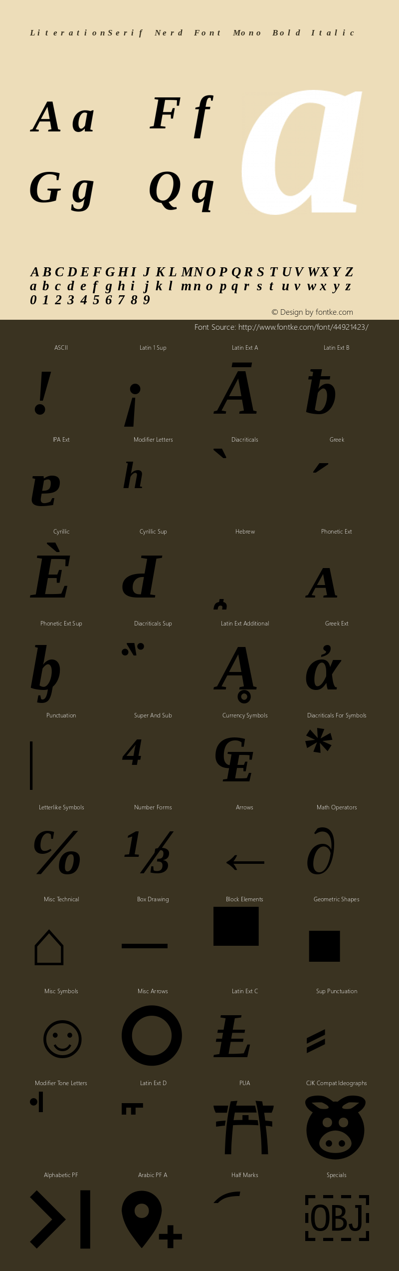 Literation Serif Bold Italic Nerd Font Complete Mono Version 2.00.5图片样张