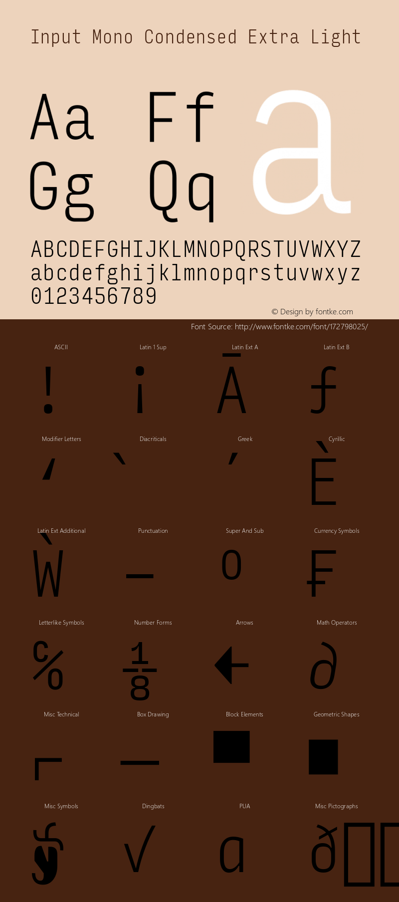 InputMonoCondensed ExLight Version 0.000;PS 0.0;hotconv 1.0.72;makeotf.lib2.5.5900; ttfautohint (v0.9)图片样张