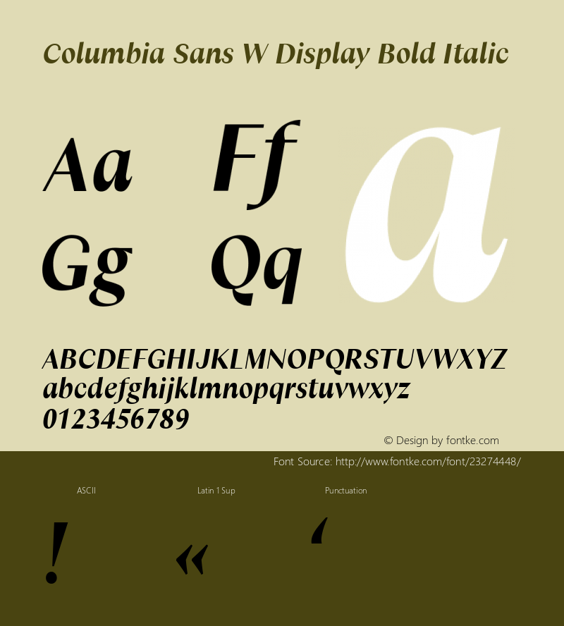 Columbia Sans W Display Bold Italic Version 1.001;PS 1.1;hotconv 1.0.88;makeotf.lib2.5.647800; ttfautohint (v1.3.34-f4db)图片样张