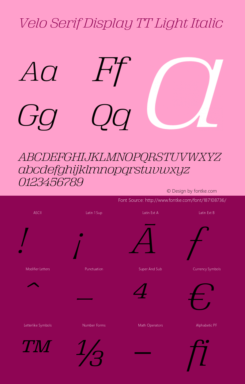 Velo Serif Display TT Light Italic Version 1.100;PS Version 1.001;PS 1.1;hotconv 1.;hotconv 1.0.73;makeotf.lib2.5.5900图片样张