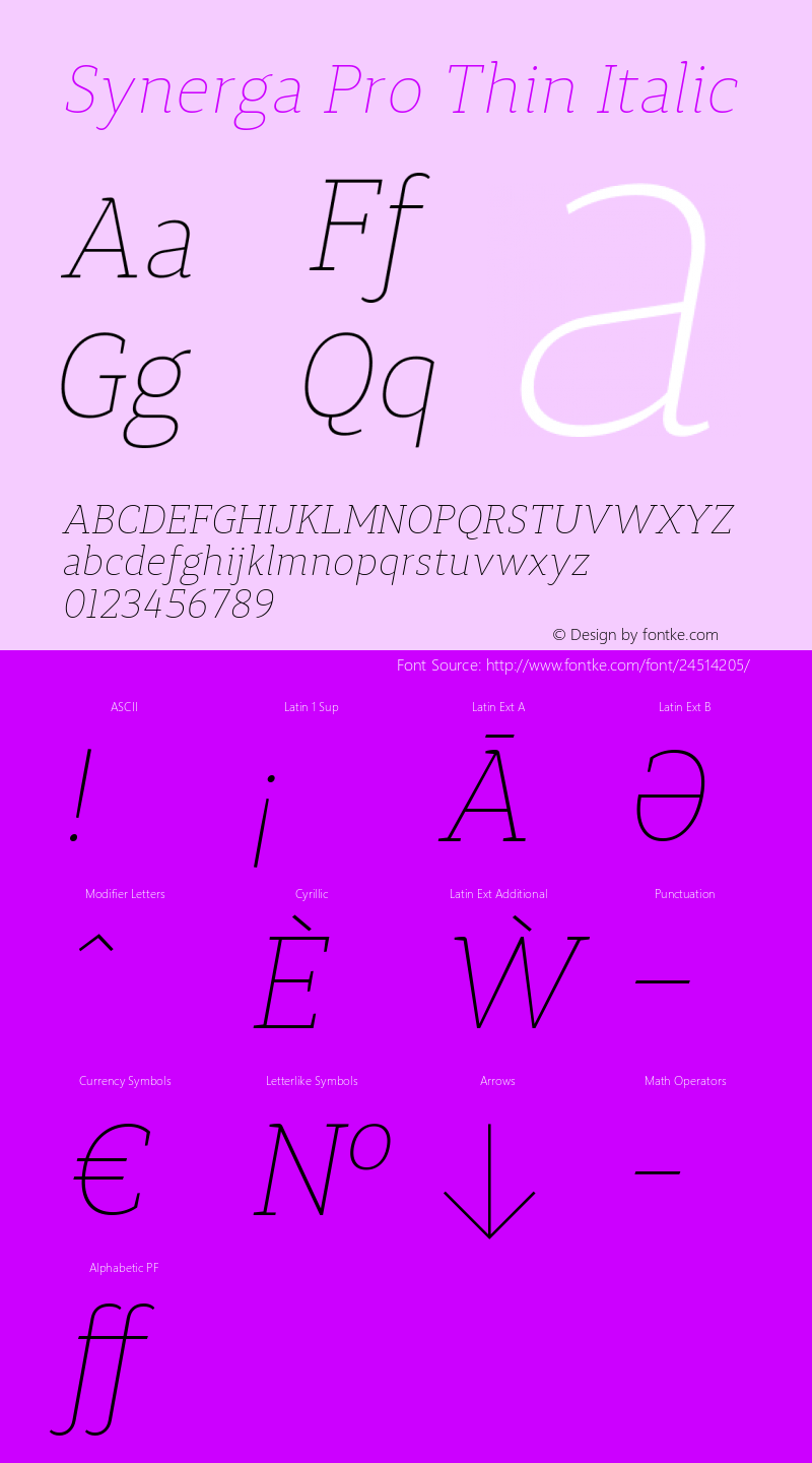 Synerga Pro Thin Italic Italic Version 1.00, SI, September 19, 2014, initial release图片样张